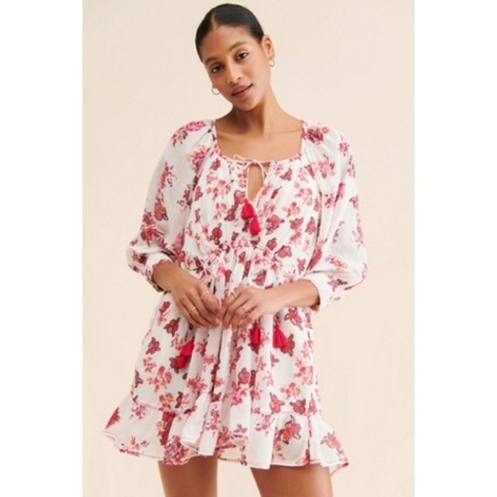 Free People Floral Tassel Mini Dress Pink Red Cotton Gauze XS